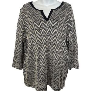 Chicos Easywear Womens Zig Zag Crochet Sheer Sleeve Black Beige Top Shirt sz XL